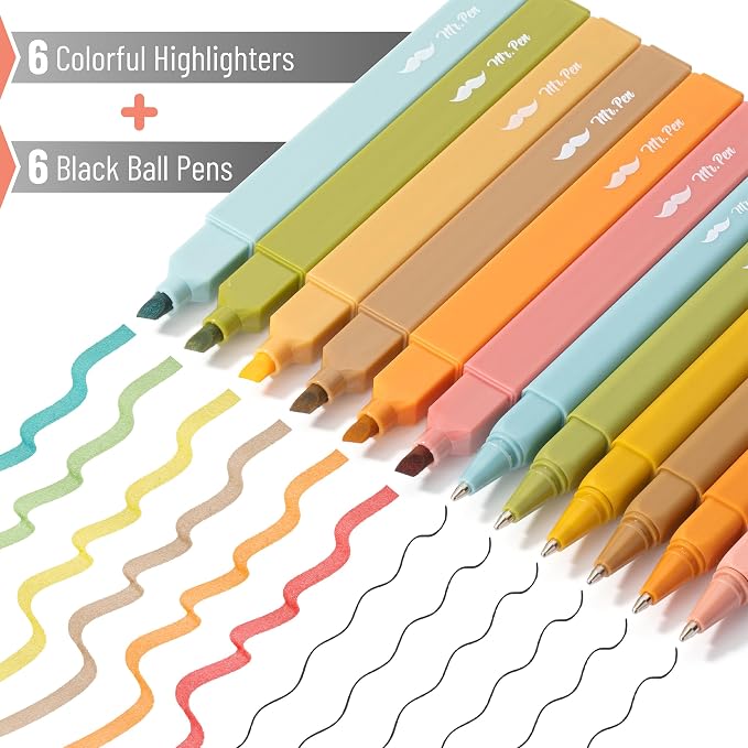 Mr. Pen- Aesthetic Highlighters and Pens No Bleed, 12 Pack, Black Ink Pens | Warm Fall, Bible Highlighters and Pens No Bleed, Fast Dry and No Smear for Bible Journaling, Planner, School Supplies