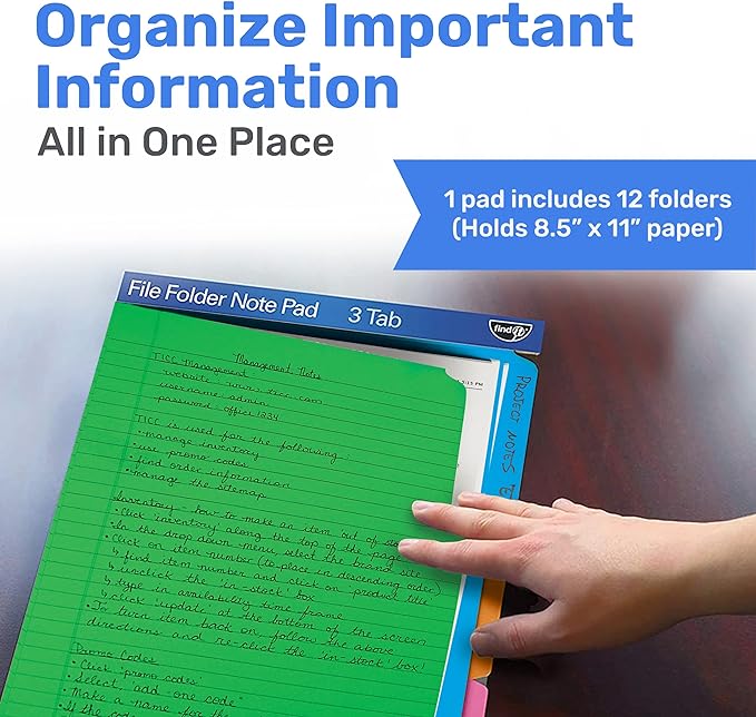Find It File Folder Notepad - Pack of 12-9.5 x 12.5 Inch Notebook Organizer Folders for Filing, Document, and Clipboard Organization - Assorted Neon Colors | Wide-ruled clipboard-style pages, tear-out perforated sheets, great for office, home, and scho...
