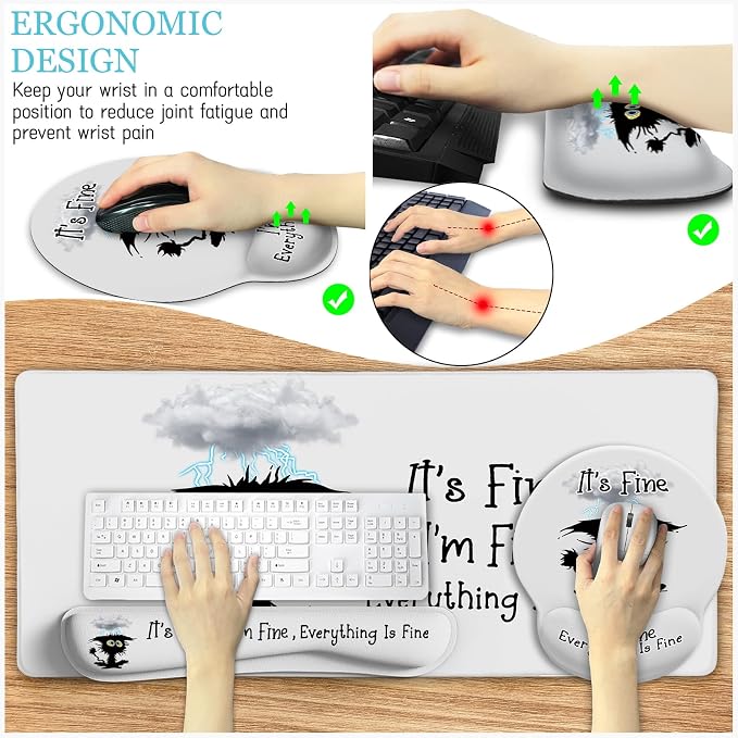 LIMKRIAN Large Gaming Mouse Pad Desk Mat Set, Funny Black Cat Desk Decor | Ergonomic Gel Wrist Rest, Computer Keyboard Mat Memory Foam Wrist Support, Coaster, Home Office Desk Accessories Supplies