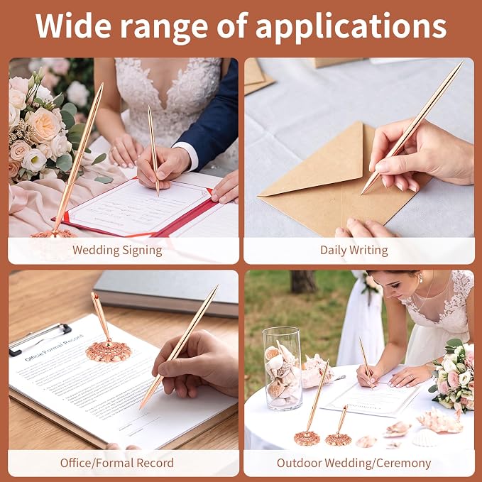 2 Pcs Gold Bridal Shower Pens for Guest Book with 360° Rotating Metal Pen Holder, Wedding Guest Book Signing Pen Set, Durable Metal Ballpoint Pens for Reception Table Decor