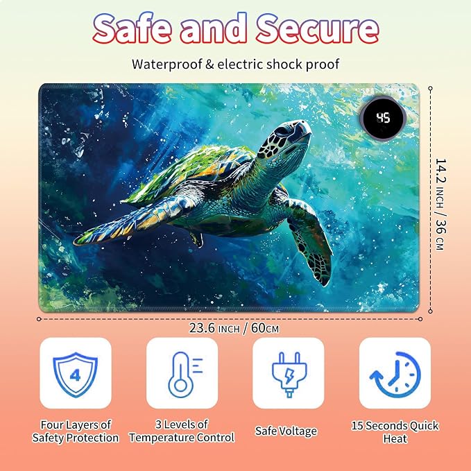 Heated Desk Pad Large Mouse Pad 23.6 x 14.1 inch with 3 Levels Heating & Auto Shut-Off Warm Mouse pad PU Leather Computer Mousepad for Home Office Work - Colorful Turtles