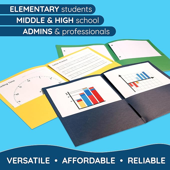 Blue Summit Supplies 100 Paper 2 Pocket Folders, Letter Size, Assorted | Durable paper, 2 pockets, letter size, for school, office, and presentation use