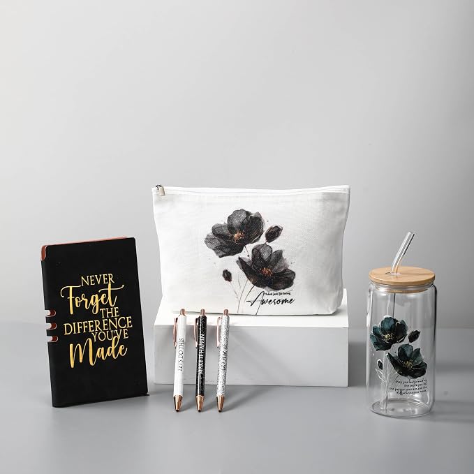 Funnymoom 6 Pcs Appreciation Gifts Set for Women Back to School Teacher Gifts Employee Thank You Gift with 17 oz Glass Tumbler Journal Pens and Pouch for Coworkers Educators,Floral,Black