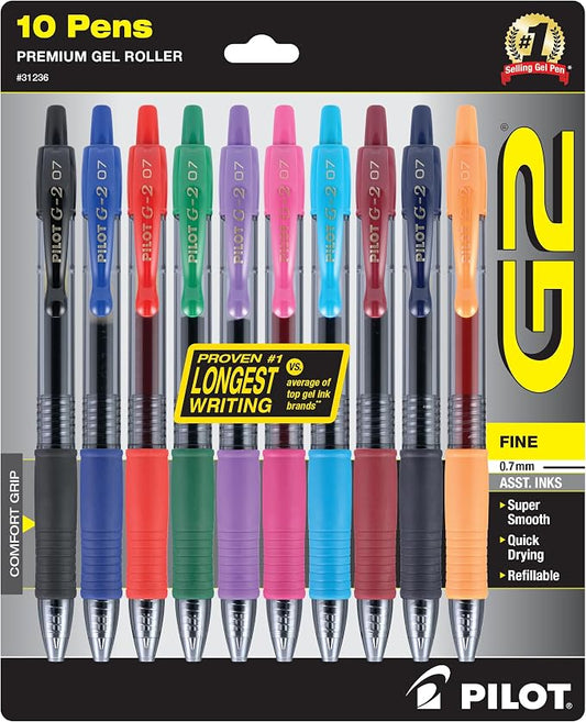 Pilot G2 Premium Refillable and Retractable Rolling Ball Colored Gel Pens, Fine Point, 0.7mm, Assorted Color Inks, 10-Pack