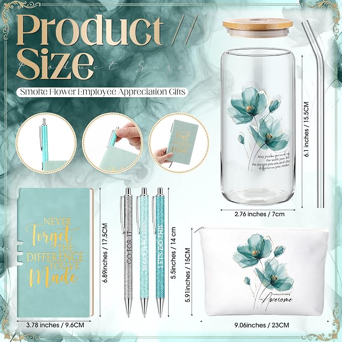Funnymoom 6 Pcs Appreciation Gifts Set for Women Back to School Teacher Gifts Employee Thank You Gift with 17 oz Glass Tumbler Journal Pens and Pouch for Coworkers Educators,Floral,Green