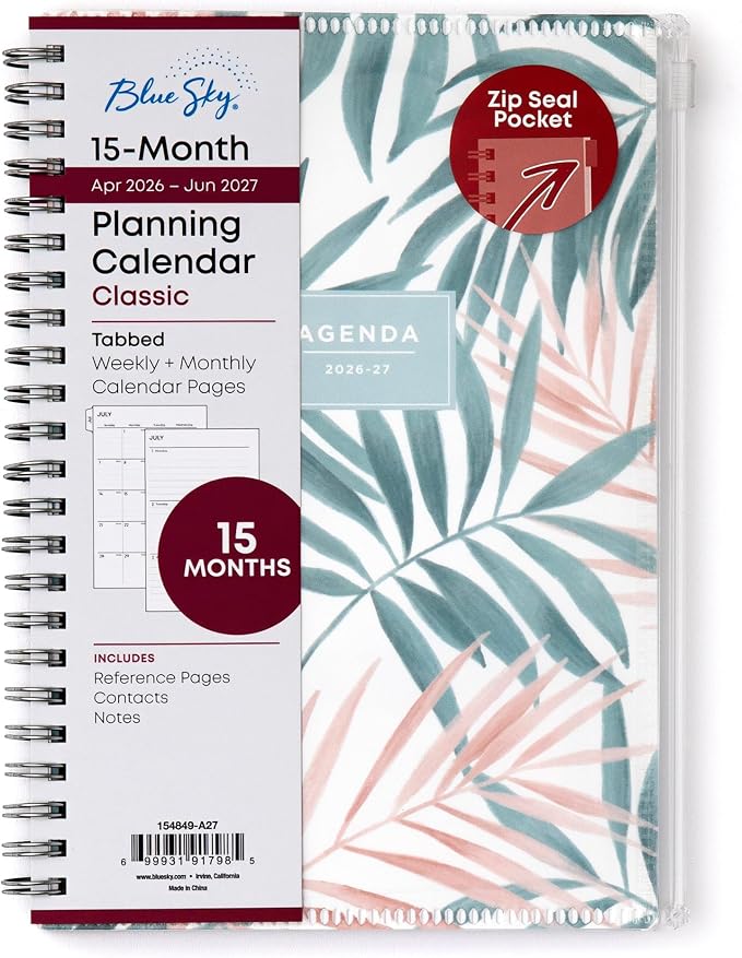 Blue Sky 2026-2027 Weekly & Monthly Academic Planner, 5"x8", Seychelle | 15-Month, April 2026 - June 2027, Flexible Cover With Zip Pouch, Wirebound, Storage Pocket, Academic Year