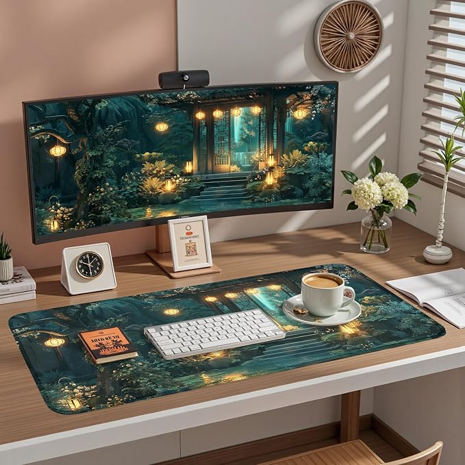 Cozy Anime Mouse Pad- Green Lofi Desk Mat - Cute Desk Decor, XXL-31.5x15.7in- Japanese Aesthetic Keyboard Gaming Mouse Pad-for Desk with Stitched Edges Non-Slip Cozy Office Decor