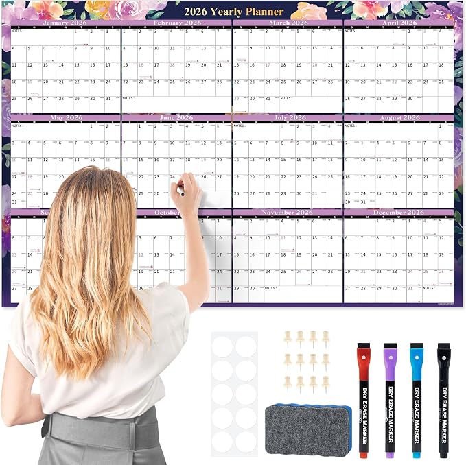 Ospelelf Wall Calendar 2026-2027 Large Dry Erase Calendar 32'' x 48'', Yearly Laminated Monthly Family Calendars for Office, Use Jan 2026 - Dec 2027 (Floral)