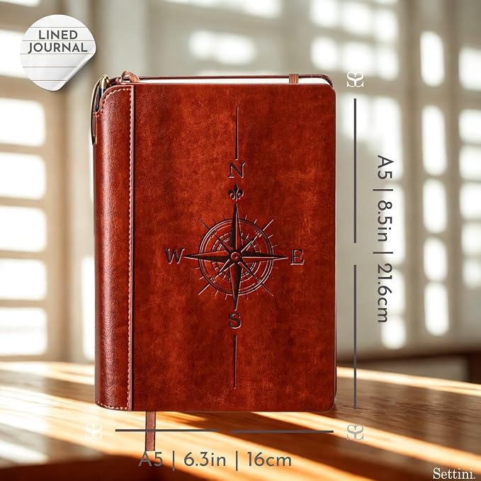 SETTINI® Lined Journal - Compass Journal for Writing Gift Set - Hardcover Vegan Leather, Includes Luxury Pen in a Unique Pen Holder, 192 Pages, A5, Birthday Gift, Journal for Men & Women