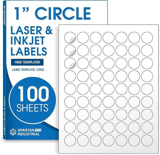 1" Printable Round Labels for Laser and Inkjet Printers - 6300 Blank Labels, 100 Sheets for Price Tags, Thank You Stickers, QR Codes, Business Logos - Spartan Industrial Template C002