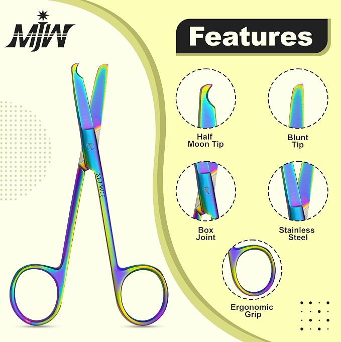 MJW Stainless Steel Suture Stitch Scissors with Multicolor/Rainbow Titanium Coating - Precision Trimming Scissors for Embroidery, Cross-Stitch, Quilting, Sewing, DIY Crafts Enthusiasts and More