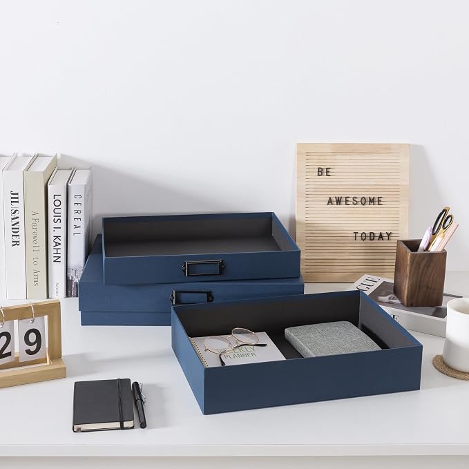 Soul & Lane - Legal Size Document Storage Boxes with Lids, Set of 2, Blue | A3 Decorative Boxes for Art, Scrapbooks and Papers with Metal Label Holders, Cardboard Photo Keepsake Storage for Memories