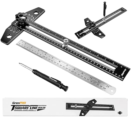 GRENPRO Combination Speed T-Square Ruler Angle Finder Woodworking Tools | Carpenter Pencil, 12" Metal Ruler, High Precision, Angle Adjustable, Dual Scales (in/cm), Aluminum Alloy, All-in-One Tool
