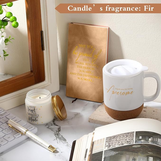Sayglossy 4 Pcs Thank You Gift Set for Women Men Back to School Teacher Appreciation Gift Leather Notebook Inspirational Coffee Mug Scented Candle Ballpoint Pen for Employee Coworker Nurse Boss, White
