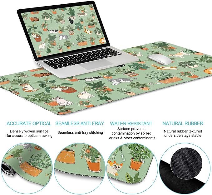 LIMKRIAN Cat Ergonomic Mouse Pad XXL Desk Mat Set, Green Desk Accessories | Mouse Pad with Gel Wrist Rest, Large Gaming Mousepad, Wrist Support Keyboard Mat , Coaster, Cute Office Desk Decor Women