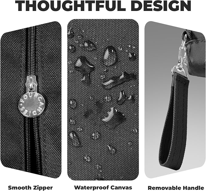 Four Candies Black Pencil Case 3 Compartment Pouch, Large Pencil Pouch for School, Girls, Teen Boys, Women, Black, Removable Handle & Zipper, Cute Pencil Bag for Office, College