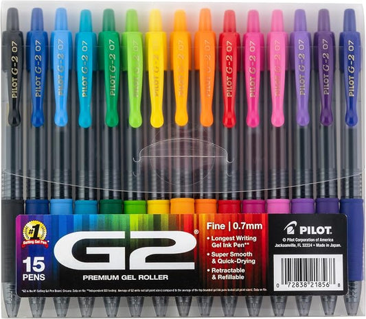 Pilot G2 Premium Gel Roller Pens, Rainbow Gel Pens, G2 Rainbow Colors Pack, 15 Pack Pouch, Fine Point 0.7 mm, Assorted