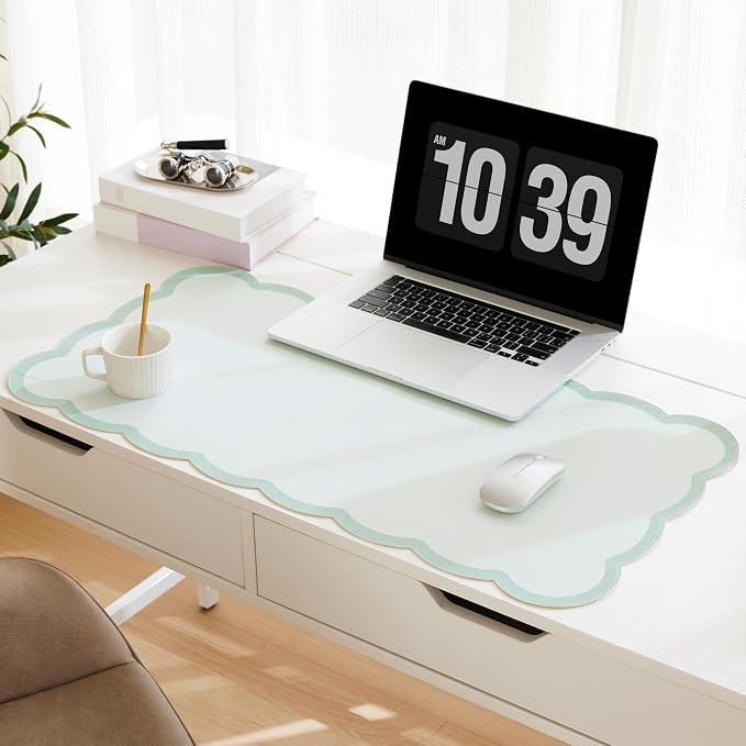 Scalloped Desk Mat, 31.5" x 15.7" Large Cute Aesthetic Desk Accessories, PU Leather Computer Laptop Desk Mouse Keyboard Pad, Desk Writing Mat for Vanity/Work/Home Decor (Sage, 31.5" x 15.7")