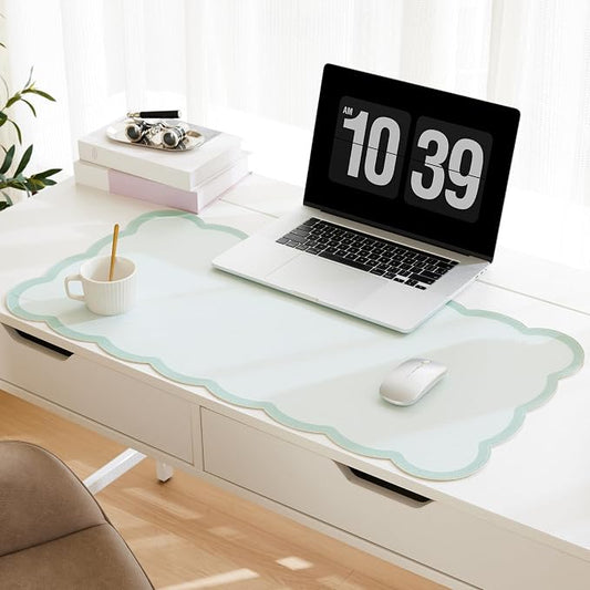 Scalloped Desk Mat, 31.5" x 15.7" Large Cute Aesthetic Desk Accessories, PU Leather Computer Laptop Desk Mouse Keyboard Pad, Desk Writing Mat for Vanity/Work/Home Decor (Sage, 31.5" x 15.7")