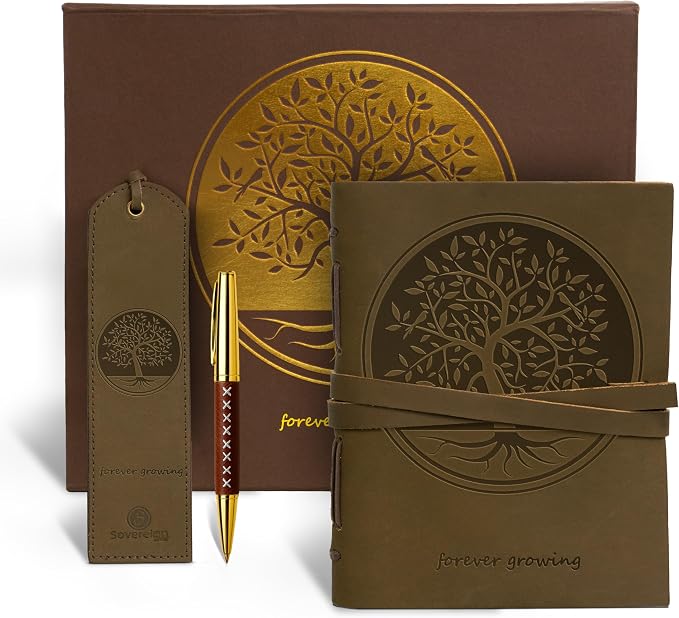 Leather Bound Journal for Men and Women, Handmade Gift Set with Tree of Life Embossed Journal and Stylish Pen, Vintage and Classic, Notebook, Sketchbook, Planner and Diary (300 Pages) (8x6")