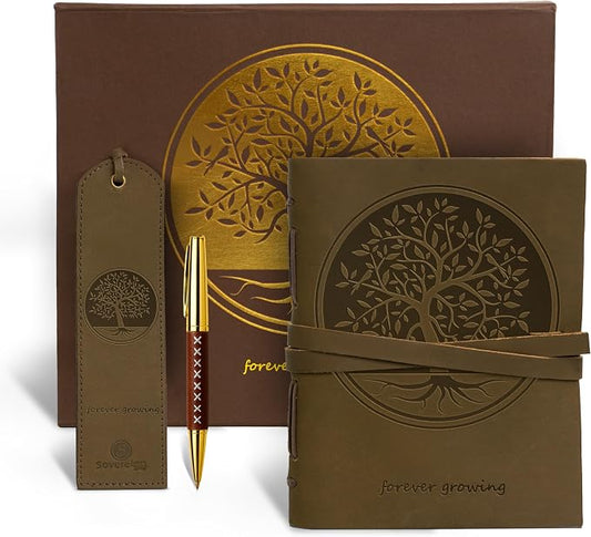 Leather Bound Journal for Men and Women, Handmade Gift Set with Tree of Life Embossed Journal and Stylish Pen, Vintage and Classic, Notebook, Sketchbook, Planner and Diary (300 Pages) (8x6")