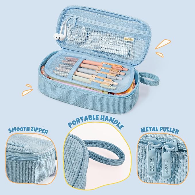 SUNEE Cute Pencil Case, Large Capacity Pencil Pouch Aesthetic Zipper Pencil Bag, Big Storage Pen Organizer for Stationery, Soft Corduroy Pencil Box Back to School Supplies for Teen Girls Boys, Blue