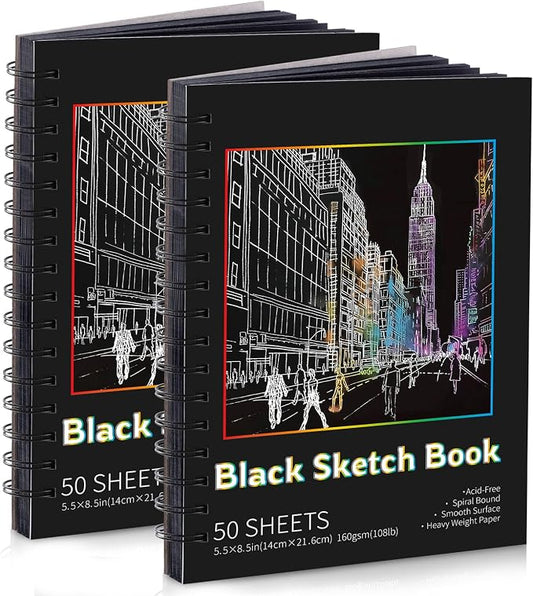 Black Paper Sketchbook 2 Pack, 5.5 × 8.5 in, 100 Sheets, Spiral Bound | 160gsm Acid-Free Black Paper, Sturdy Spiral Binding, Clean Tear-Out Pages, Ideal for Colored Pencils, Chalk, And Gel Pens