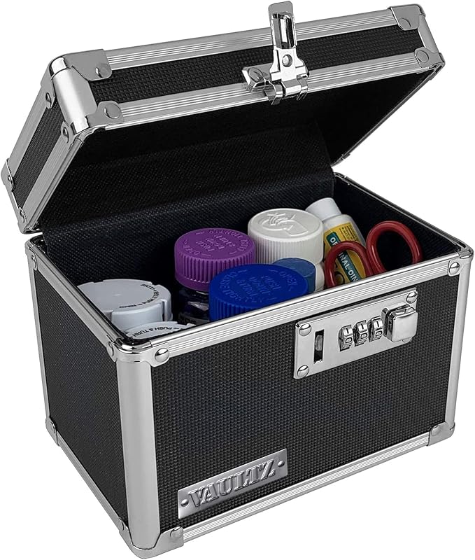 Vaultz Locking Security Box, Combination Safe for Valuables & Cash, Black | Small safe measuring 9.88 x 7 x 7.75 in, sturdy steel lockbox with reinforced corners, 3-digit combination, no keys needed