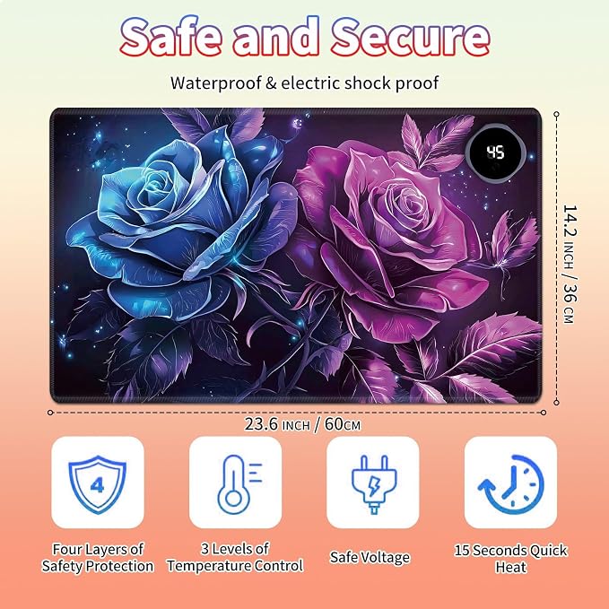 Heated Desk Pad Large Mouse Pad 23.6 x 14.1 inch with 3 Levels Heating & Auto Shut-Off Warm Mouse pad PU Leather Computer Mousepad for Home Office Work - Blue and Purple Rose Flower