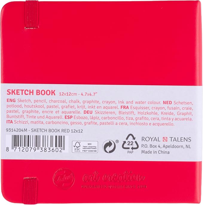 Talens Art Creation Sketchbook Red 12X12 cm, 140 Grams | Hard-Bound Pocket Notebook, 140 GSM/94 lbs Paper, Acid-Free Cream Blank Paper, Ribbon Bookmark and Elastic Closure