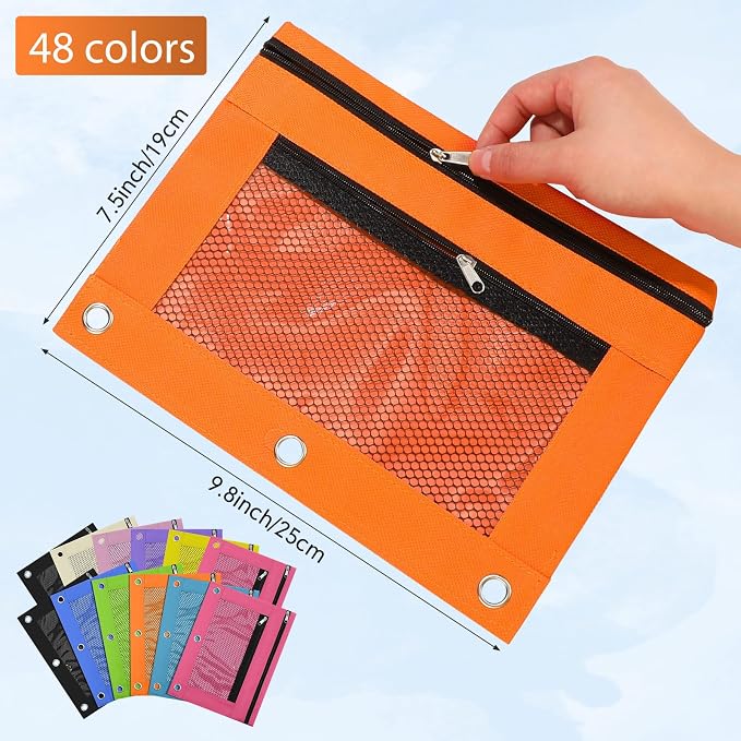 Leelosp 48 Pack Pencil Pouch for 3 Ring Binder Mesh Zipper Pencil Case Bags Binder Pouches Bulk for School Writing Utensils Storage Supplies (Vivid Colors)