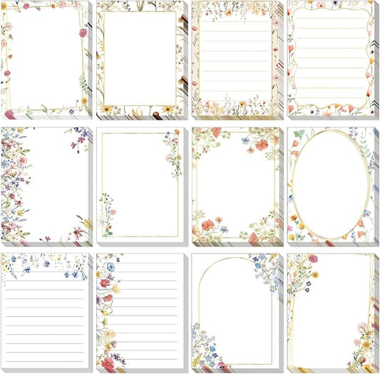 Chiisong 12 Pads Wildflower Sticky Notes Flower Sticky Notes 3 x 4 Inches Colored Adhesive Memo Reminder Decor Vintage Wild Floral Memo Pads Flower Notepads for Journal Office Birthday Gifts