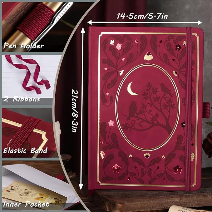 TIEFOSSI Line Journal Notebook, A5 Hardcover Rule Journal for Women Men | 100gsm 316 Numbered Pages Diary, Aesthetic Leather Bird Pattern for Journaling Organization,Planning, Tracking & Sketching