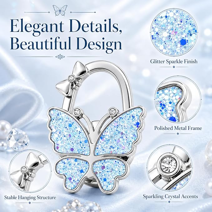 Purse Hook for Table, Foldable Handbag Hanger for Women, Portable Bag Holder with Non-Slip Base, Cute Bling Light Blue Butterfly Purse Table Hook for Restaurant Office Travel Gift