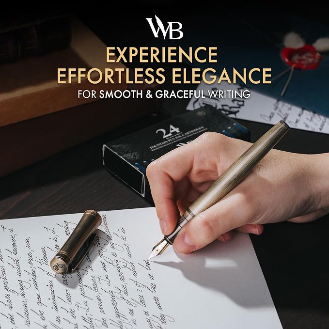 Wordsworth & Black Luxury Fountain Pen Set for Writing, Medium Nib, Bronze | Gift for Men & Women, Brass Body, 18K German Iridium, Calligraphy, Converter + 24 Ink Cartridges, Refillable, Leak-Free