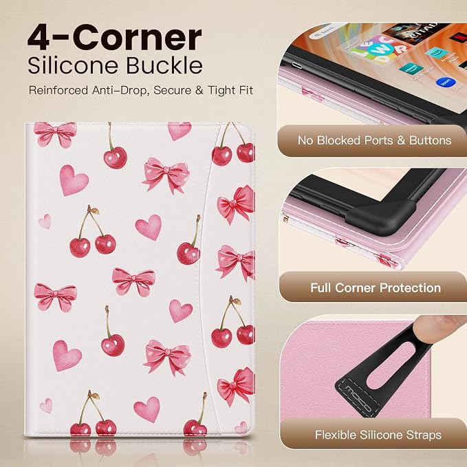 MoKo for Universal 11 inch Android Tablet Case with Pen Holder, Cherry Bow | Fits All 9.6-11 inch Tablets, Slim 360 Degree Rotating Cover, Multi-Angle Stand, Front Pocket, No fit iPad/NO back opening