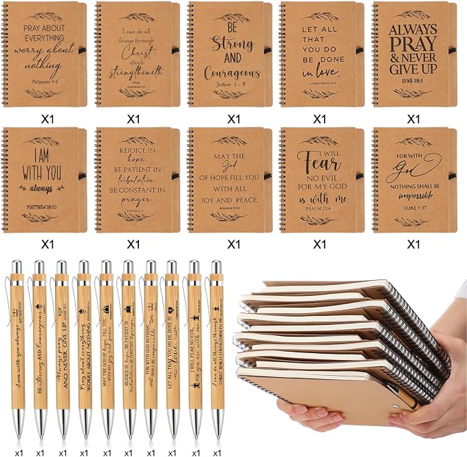 Kosiz 20 Pcs/ 10 Set Christian Gift Bulk A5 Spiral Notebook 5.5"x8.3" Christian Prayer Journal Bible Ballpoint Pen Religious Gift for Women Sunday School Church Member Back to School Gifts (Brown)