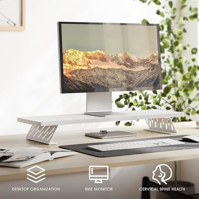 Fenge Monitor Stand Riser, Wooden & Metal Desk Shelf Organizer, White | 31.5 Inch Computer Stand for Compact Work Station, Multifunctional Monitor Shelf for Laptop, PC, Printer