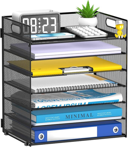 7 Tier Paper Organizer for Desk with Letter Trays & Handle Black | Black Desk File Organizer with Handle for Sorting Papers, Files, Folders, Mail, Bills and Office Supplies