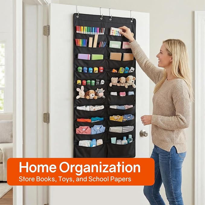 SUNEE 20 Pockets Hanging Wall File Organizer, Black Storage Pocket Chart for File Folder and Paper, Space Saver for Office and Classroom, with Wall Hangers, Over The Door Hooks, Labels