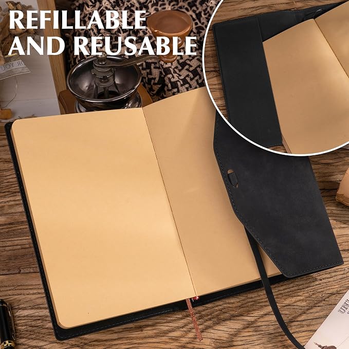 MINICAGIE Vintage Journal for Women Men Leather Bound Junk Journal Notebook 160 Pages Scrapbook Book of Shadows Journals for Writing Diary Travel Journaling Sketching, 5.9x 8.6 in, Soft Cover, Black