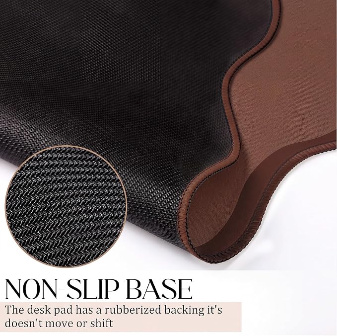 Hahafelt Scalloped Desk Mat Large Desk Pad Cute Coquette Table Mat Back to School Preppy Table Make up Pad Nonslip Graduation Gift with Stitching Waterproof Gaming(Brown,31.5 x 15.8 Inches)