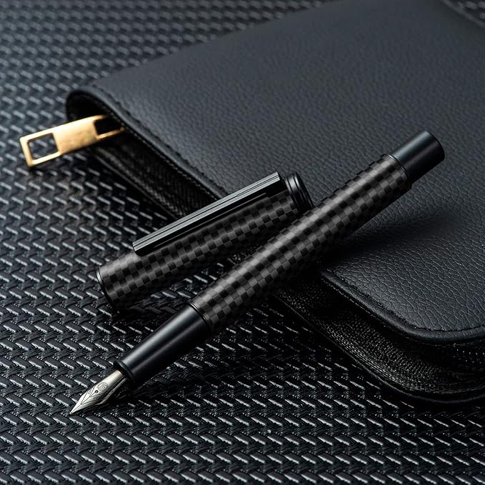 Hongdian Black Carbon Fiber Fountain Pen Extra Fine Nib Elegant Design Smooth Writer with Refillable Converter and Metal Pen Case Set
