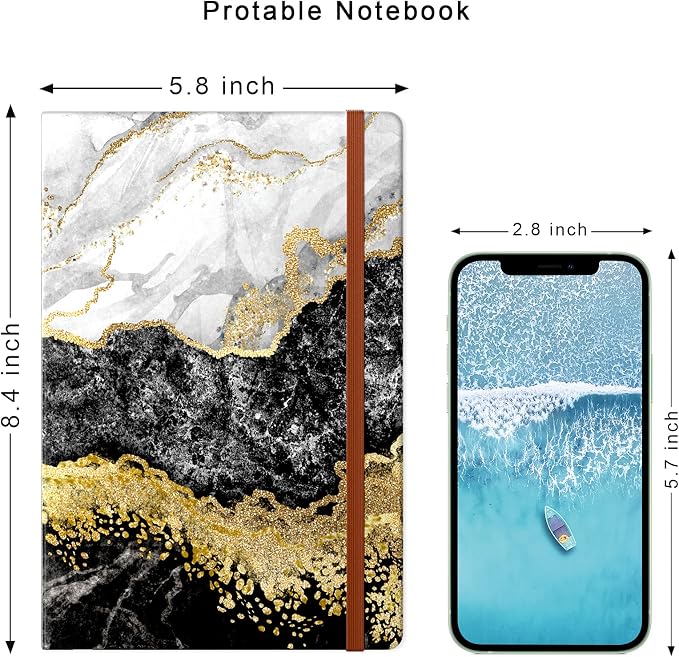 Lined Journal Notebook, Marble Hardcover, Medium 5.7 x 8.4 in, 160 Pages Thick Paper, Cute Aesthetic College Ruled Notebook for Journaling Writing Work Office School Men Women, Black White Gold