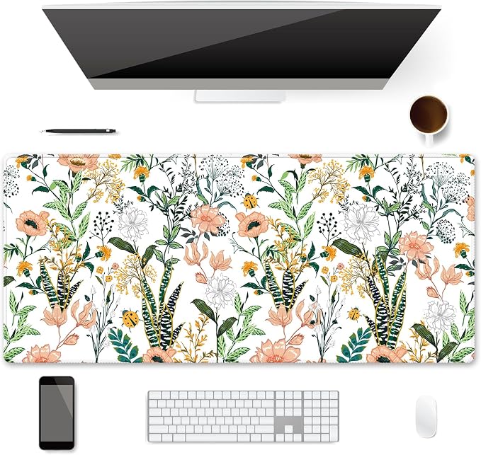 XXL Waterproof Office Desk Pad Protector 35.4x15.7 Inch - Extended Gaming Mouse Pad with Non-Slip Rubber Base, Thickened Keyboard Mat, Stitched Edges & Floral Flowers Design