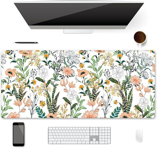 XXL Waterproof Office Desk Pad Protector 35.4x15.7 Inch - Extended Gaming Mouse Pad with Non-Slip Rubber Base, Thickened Keyboard Mat, Stitched Edges & Floral Flowers Design