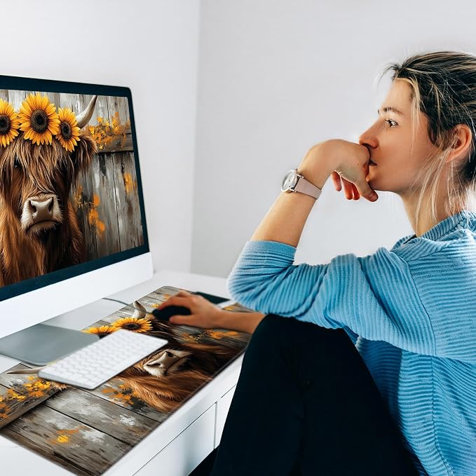 Warm Desk Pad,Heated Desk Pad,Office Mat,3 Heating Levels & 3 Hours Auto Shut-Off,31.5"*13" Gaming Mouse Laptop Keyboard Leather Desk Mat,Highland Cow Wood