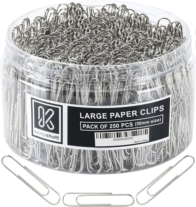 Kempshott 250 Large Paper Clips Smooth, Jumbo Paper Clips for Paperwork Ideal for Home, School and Office Use (Large, Silver)