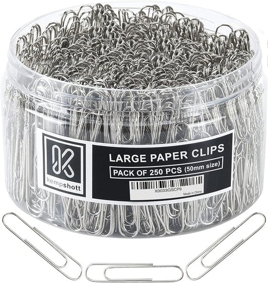 Kempshott 250 Large Paper Clips Smooth, Jumbo Paper Clips for Paperwork Ideal for Home, School and Office Use (Large, Silver)