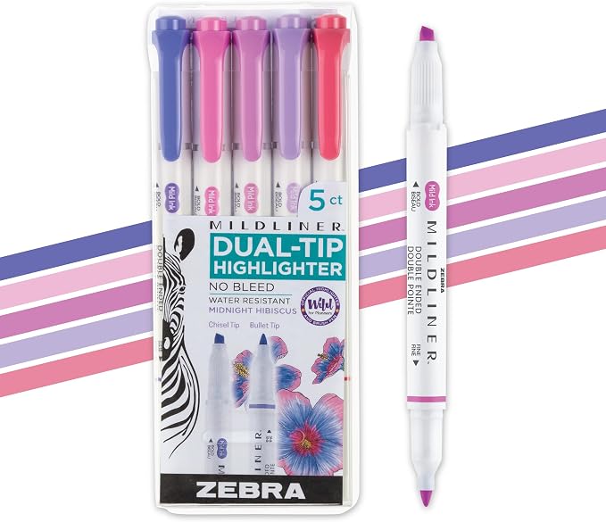 Zebra Pen MILDLINER Highlighter, Midnight Hibiscus Colors, Dual Tip, 5-Pack | No Bleed, Broad and Fine Point Tip, Ideal for Bible Highlighting, Journaling, School, Teacher and Office Supplies (78375)